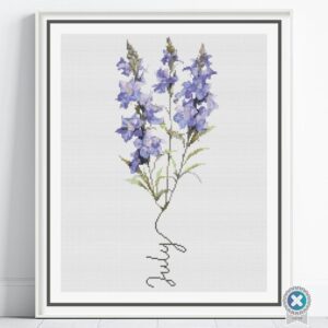 July Birth Month Flower Counted Cross Stitch Pattern, Larkspur Cross Stitch Pattern, Instant Download, Modern Floral Cross Stitch Gift