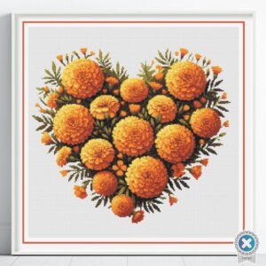 Marigold Heart Counted Cross Stitch PDF Pattern, October Flower Birth Month Heart Cross Stitch Pattern, Flowers Pattern, Instant Download