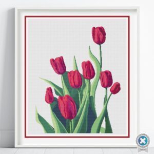 Tulips Cross Stitch Pattern, Floral Botanical Embroidery, Modern Red Tulip Flower Cross Stitch Handmade Contemporary Minimalist Flower Decor