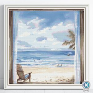 Ocean View Cross Stitch Pattern Coastal Beach Embroidery Design Full Coverage Tropical Home Window View Seaside Decor Summer Vacation Gift