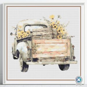 Vintage Truck cross stitch Pattern, Floral Country Truck Farmhouse Embroidery Decor, Yellow Flowers Rustic Needlework, Cottagecore Stitching