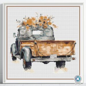 Vintage Truck Cross Stitch Pattern, Floral Country Truck Farmhouse Embroidery Decor, Yellow Flowers Rustic Needlework, Cottagecore Stitching