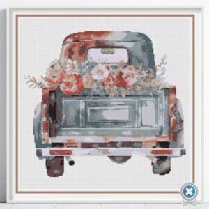 Vintage Truck Cross Stitch Pattern, Floral Country Truck Farmhouse Embroidery Decor, Yellow Flowers Rustic Needlework, Cottagecore Stitching