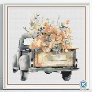 Vintage Truck Cross Stitch Pattern, Floral Country Truck Farmhouse Embroidery Decor, Yellow Flowers Rustic Needlework, Cottagecore Stitching