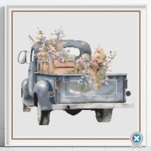 Vintage Truck Cross Stitch Pattern, Floral Country Truck Farmhouse Embroidery Decor, Yellow Flowers Rustic Needlework, Cottagecore Stitching