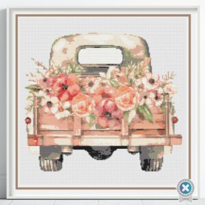 Vintage Truck Cross Stitch Pattern, Floral Country Truck Farmhouse Embroidery Decor, Yellow Flowers Rustic Needlework, Cottagecore Stitching