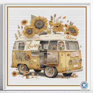 Vintage Boho Van Cross Stitch Pattern, Retro Sunny Floral Hippie Sunflower Classic Camper Van Embroidery Decor Art, Road Trip Stitching Gift