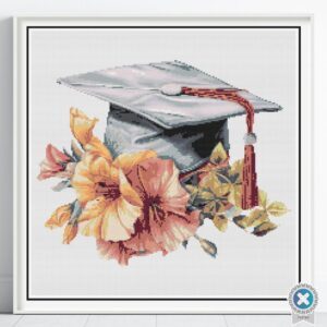 Graduation Cap Cross Stitch Pattern, Floral Graduation Cap Hibiscus Counted Cross Stitch Pattern, Flowers PDF Pattern, Instant Download