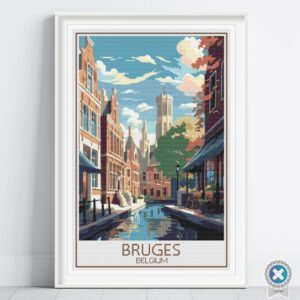 Bruges Travel Poster Cross Stitch Pattern, Retro Belgium Cityscape Design, Bruges Decor Art, Vintage Cityscape Stitch, Handmade Travel Decor