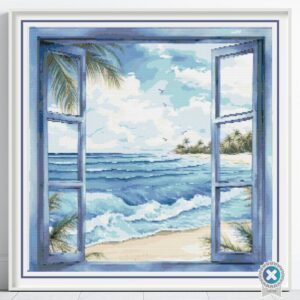 Ocean View Cross Stitch Pattern Coastal Beach Embroidery Design Full Coverage Tropical Home Window View Seaside Decor Summer Vacation Gift