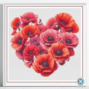 Poppy Heart Cross Stitch Pattern Artistic Nature Inspired Botanical Floral Heart Embroidery Stitch Design, Romantic DIY Home Decor Art Gift