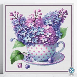 Lilac Flowers in Teacup Cross Stitch Pattern, Tea Cup Floral Embroidery, Cottagecore Stitch, Vintage Botanical Tea Decor, Tea Lover Gift