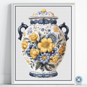 Majolica Jar Cross Stitch Pattern, Vintage Pottery Embroidery Design, Ceramic Stitch Pattern, Italian Art Decor, Blue & Yellow Kitchen Gift