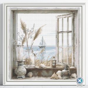 Ocean View Cross Stitch Pattern Full Coverage Boho Nautical Coastal Embroidery Beach House Decor Sailboat Seascape Rustic Coastal Art Gift