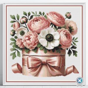 Peony Hat Box Cross Stitch Pattern Vintage Floral Pink Hat Box Embroidery Pattern, Shabby Chic Handmade Feminine Bouquet Home Decor Gift