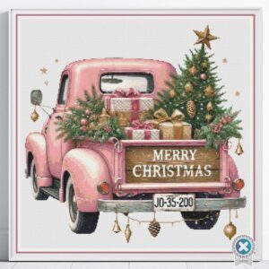 Pink Vintage Christmas Truck Cross Stitch Pattern Festive Holiday Farmhouse Tree Cross-Stitch Embroidery Decor, Handmade DIY Christmas Gift