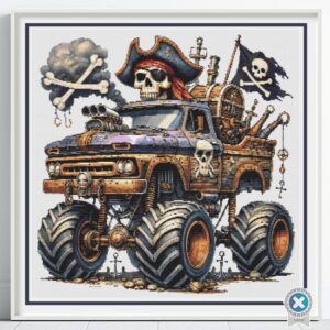 Pirate Monster Truck Cross Stitch Pattern, Pirate-Themed Embroidery Nursery Decor, Boy's Room Decor, DIY Kids Decor, Handmade Truck Art Gift