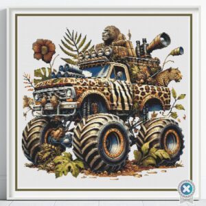 Safari Monster Truck Cross Stitch Pattern, Animal-Themed Embroidery Nursery Decor, Boy's Room Decor, DIY Kids Decor, Handmade Truck Art Gift