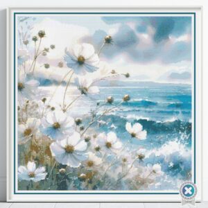 Serene Beach Cross Stitch Pattern, Wildflower Coastal Full-Coverage Design, Ocean View Pattern, Digital Beach Pattern, Beach Lover Gift Idea