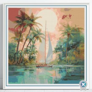 Tropical Sailboat Cross Stitch Pattern, Island Sailing Digital Cross Stitch Pattern Download, Full Coverage, Pattern Keeper file included