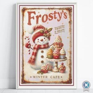 Vintage Frosty’s Cafe Sign Cross Stitch Pattern, Festive Holiday Kitchen Sign Cross Stitch PDF, PDF Instant Download, App File incl