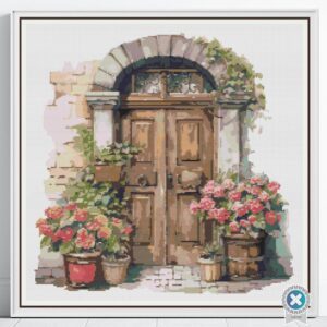 Vintage Stone House Front Door Cross Stitch Pattern, Cottage Door Embroidery, Cozy Rustic Decor, Architectural Art, Instant Download PDF