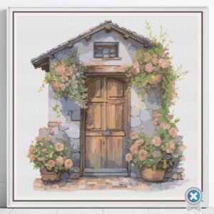 Vintage Stone House Front Door Cross Stitch Pattern, Cottage Door Embroidery, Cozy Rustic Decor, Architectural Art, Instant Download PDF