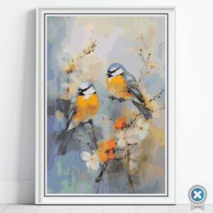 Watercolor Birds Cross Stitch Pattern, Blue and Grey Birds Watercolor Nature Needlework Embroidery, Full Coverage Wildlife Decor Stitching