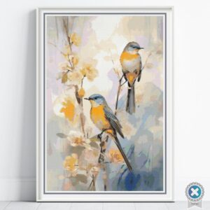 Watercolor Birds Cross Stitch Pattern, Blue and Grey Birds Watercolor Nature Needlework Embroidery, Full Coverage Wildlife Decor Stitching