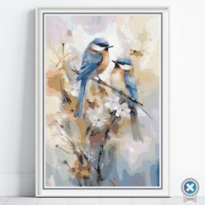 Watercolor Birds Cross Stitch Pattern, Blue and Grey Birds Watercolor Nature Needlework Embroidery, Full Coverage Wildlife Decor Stitching