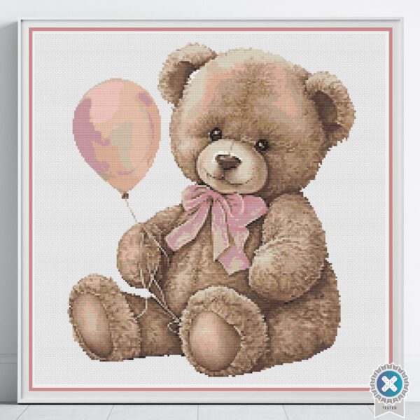 Vintage Teddy Bear Cross Stitch Pattern, Pink Bow & Balloon, Nursery Cross Stitch, Soft Toy Cross Stitch, Cute Bear Design, Digital Download