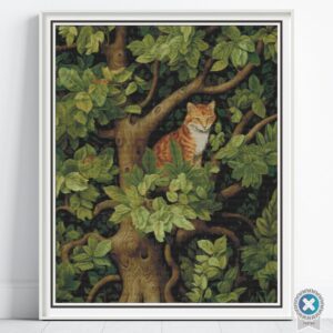 William Morris Tapestry-Inspired Vintage Cat and Tree Nature Cross Stitch Pattern, Decorative Arts & Crafts Embroidery Decor, Full Coverage