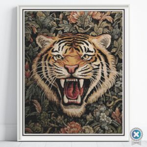 William Morris Tapestry-Inspired Vintage Tiger Nature Cross Stitch Pattern, Decorative Arts & Crafts Embroidery Decor, Full Coverage