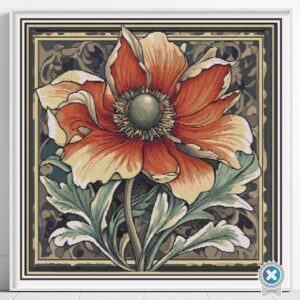 William Morris Tapestry-Inspired Vintage Red Flower Nature Cross Stitch Pattern, Decorative Arts & Crafts Embroidery Decor, Full Coverage