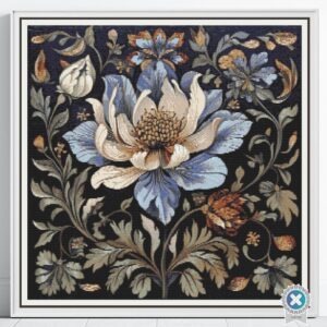 William Morris Tapestry-Inspired Vintage Blue Flower Nature Cross Stitch Pattern, Decorative Arts & Crafts Embroidery Decor, Full Coverage