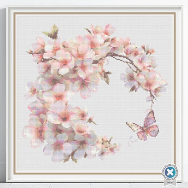 Cherry Blossom Wreath Cross Stitch, Nature-Inspired Floral Embroidery, Romantic Decor, Pink Japanese Sakura Cherry Blossoms Flower Pattern