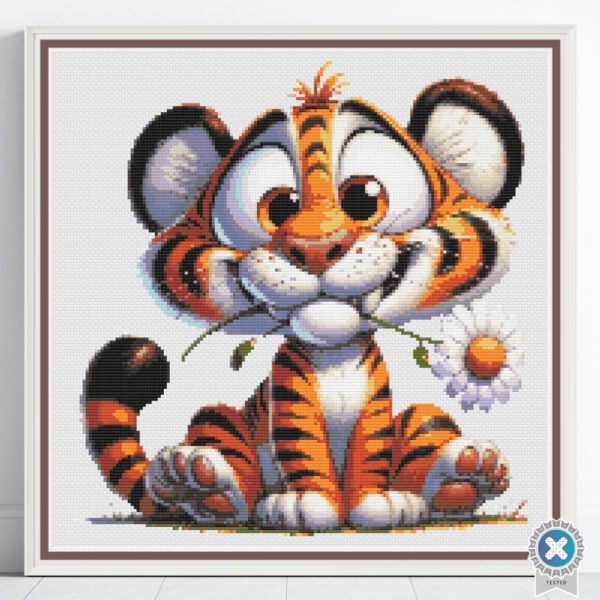 Funny Tiger with Daisy Cross Stitch Pattern, Whimsical Animal Design, Funny Tiger Art, Beginner Stitch Pattern, Nursery Decor, PDF Download