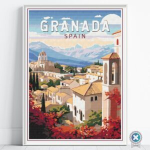 Granada Spain Retro Travel Poster Cross Stitch Pattern