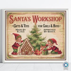 Vintage Christmas Holiday Kitchen Sign Cross Stitch Pattern, Santa’s Workshop Embroidery, Vintage Holiday Decor, Christmas Elves Stitching