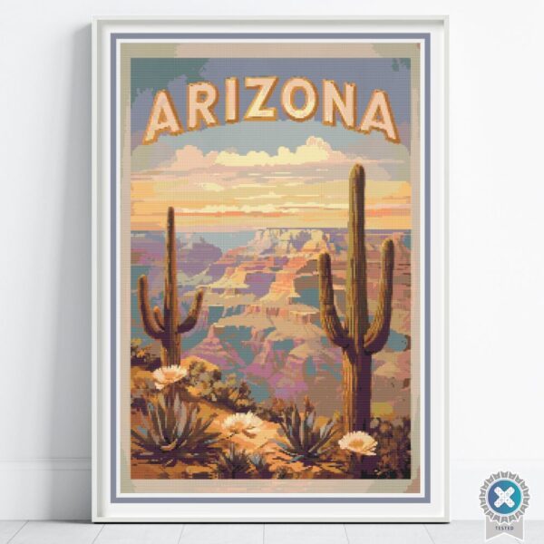 Retro Arizona Scenic Vintage Travel Poster Cross Stitch Pattern, Full Coverage Grand Canyon Embroidery, Desert Landscape National Park Decor