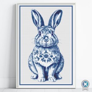 Delft Blue Rabbit Cross Stitch, Vintage Ceramic Dutch Pottery Embroidery Design, Blue and White Stitching, Easter Bunny Decor Embroidery Art