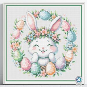 Easter Bunny Cross Stitch Pattern, Digital Pastel Easter Egg wreath Decor, Spring Cross Stitch, Baby Bunny Embroidery Shower Gift Pattern