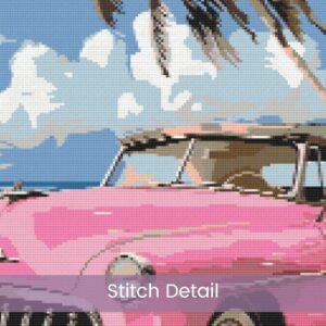 Pink Car on a Beach Cross Stitch Pattern, Tropical Maximalist Retro Car Cross Stitch, Summer Full Coverage Coastal Decor Embroidery