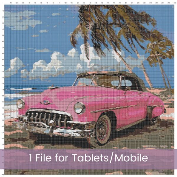 Pink Car on a Beach Cross Stitch Pattern, Tropical Maximalist Retro Car Cross Stitch, Summer Full Coverage Coastal Decor Embroidery