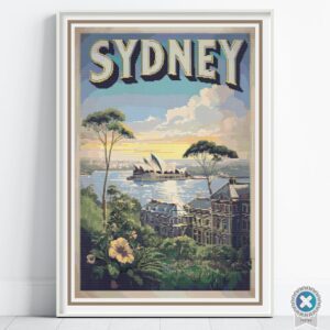 Retro Sydney Scenic Vintage Travel Poster Cross Stitch Pattern, Full Coverage Vintage Travel Embroidery, Opera House Sydney Skyline Wall Art