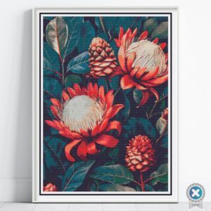 William Morris Tapestry-Inspired Protea Flowers Nature Cross Stitch Pattern, Decorative Arts & Crafts Embroidery Decor Gift, Full Coverage