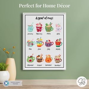 A Year of Mugs Cross Stitch Pattern, Seasonal Mug Sampler, Instant PDF Download, Floss Conversions