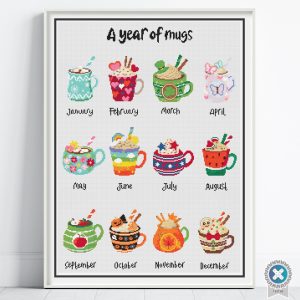 A Year of Mugs Cross Stitch Pattern, Seasonal Mug Sampler, Instant PDF Download, Floss Conversions
