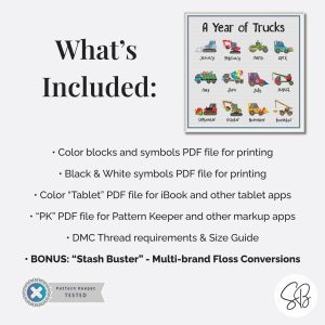A Year of Trucks Cross Stitch Pattern, Seasonal Construction Vehicles, Kids Truck Embroidery PDF, PatternKeeper