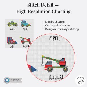 A Year of Trucks Cross Stitch Pattern, Seasonal Construction Vehicles, Kids Truck Embroidery PDF, PatternKeeper